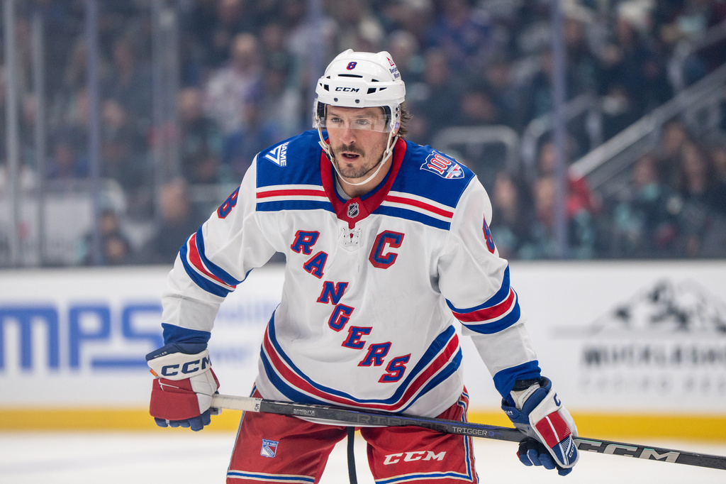 New York Rangers forward J.T. Miller is pictured during an NHL hockey game, Saturday against the Seattle Kraken, Nov. 1, 2025, in Seattle. (AP Photo/Stephen Brashear)
