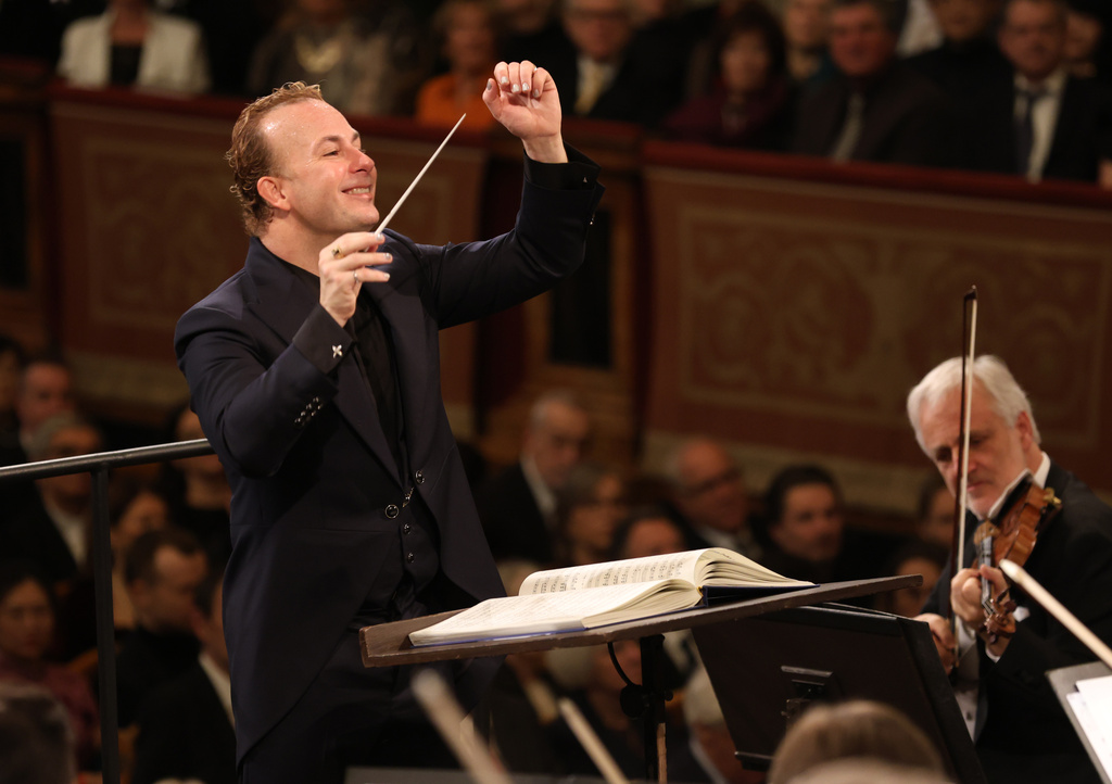 Conductor Yannick Nézet-Séguin conducts the Vienna Philharmonic at the Musikverein in Vienna on Dec. 30, 2025, ahead of their New Year's Day concert. (Dieter Nagl/Vienna Philharmonic via AP)