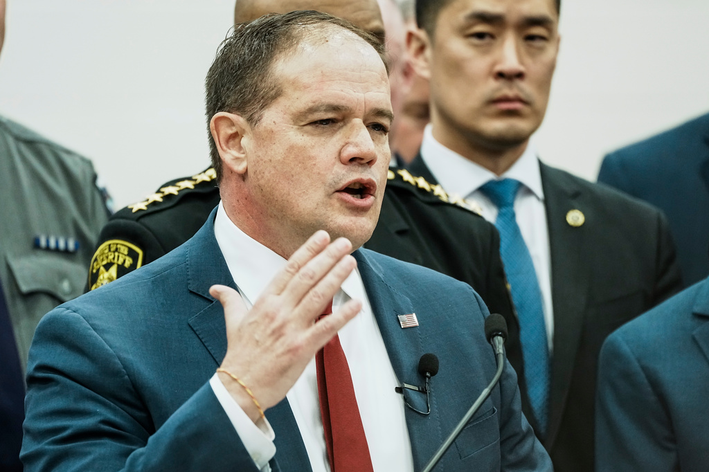 Suffolk County District Attorney Raymond A. Tierney speaks during a news conference after Rex Heuermann, accused in Long Island's Gilgo Beach serial killings, pleaded guilty on Wednesday, April 8, 2026, at Suffolk County Police Academy Gymnasium in Brentwood, N.Y. (AP Photo/Eduardo Munoz Alvarez)