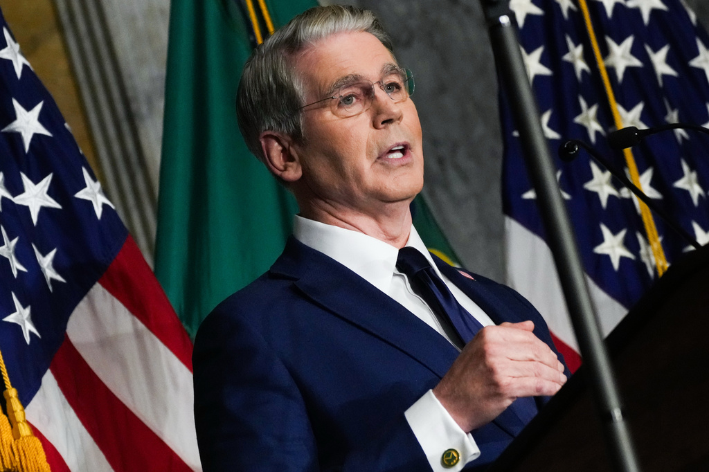 Treasury Secretary Scott Bessent speaks at a news conference, Monday, Aug. 24, 2026, at the Treasury Department in Washington. (AP Photo/Julia Demaree Nikhinson)