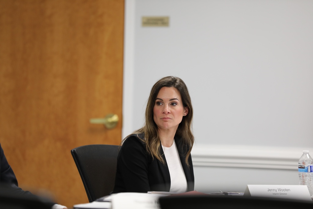 South Carolina Election Commission interim Director Jenny Wooten listens at the commission's meeting on Wednesday, Oct. 15, 2025, in Columbia, S.C. (AP Photo/Jeffrey Collins)