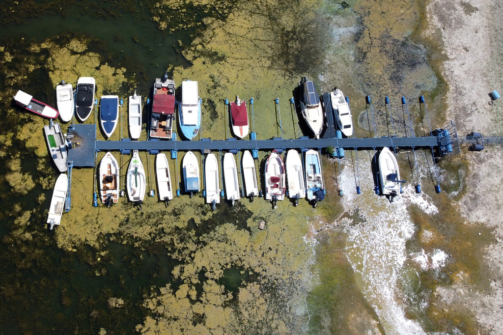 Boats sit on dry ground as water levels have dropped on the Danube River in Novi Sad, Serbia, Wednesday, July 29, 2026. (AP Photo/Darko Vojinovic)