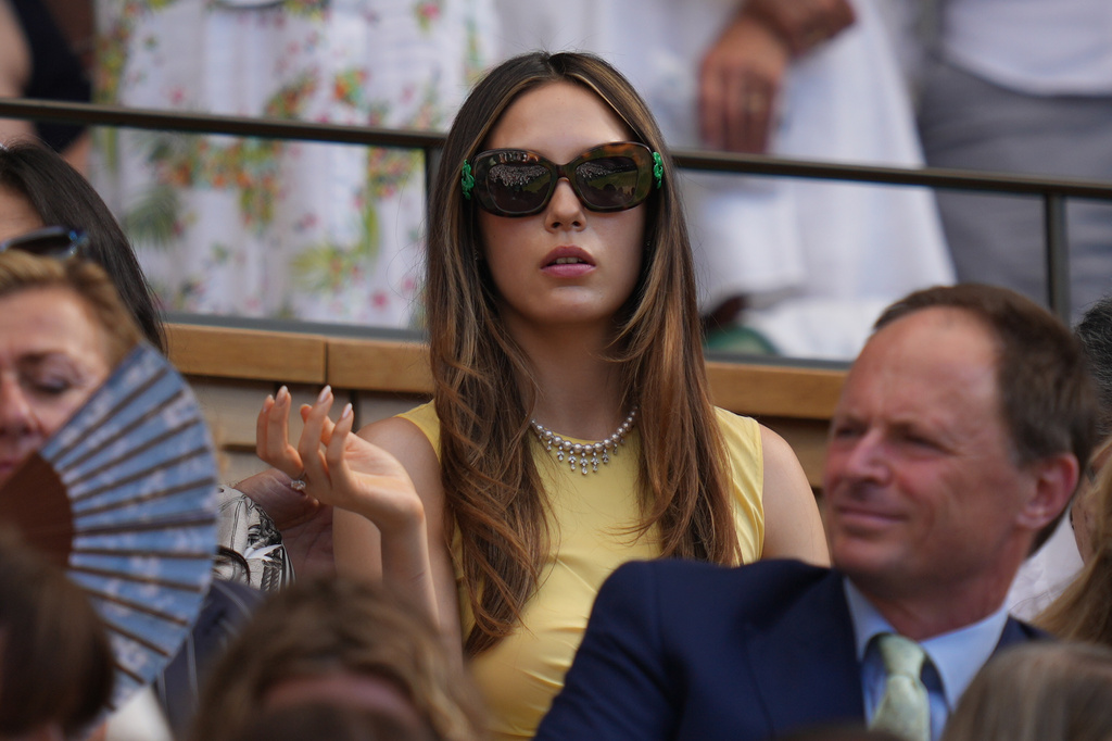 Skier Eileen Gu watches the women's singles final at Wimbledon Tennis Championships in London, Saturday, July 11, 2026. (AP Photo/Kirsty Wigglesworth)