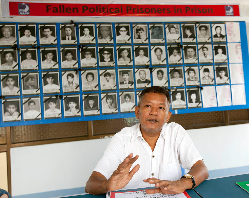 FILE - Bo Kyi, a Myanmar former political prisoner, speaks during an interview in Yangon, Myanmar, Oct. 20, 2014. (AP Photo/Khin Maung Win, File)
