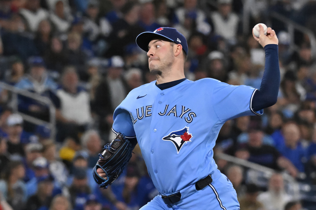 Toronto Blue Jays starting pitcher Patrick Corbin (46) throws to a Pittsburgh Pirates batter during the first inning of a baseball game in Toronto, Saturday, May 23, 2026. (Jon Blacker/The Canadian Press via AP)