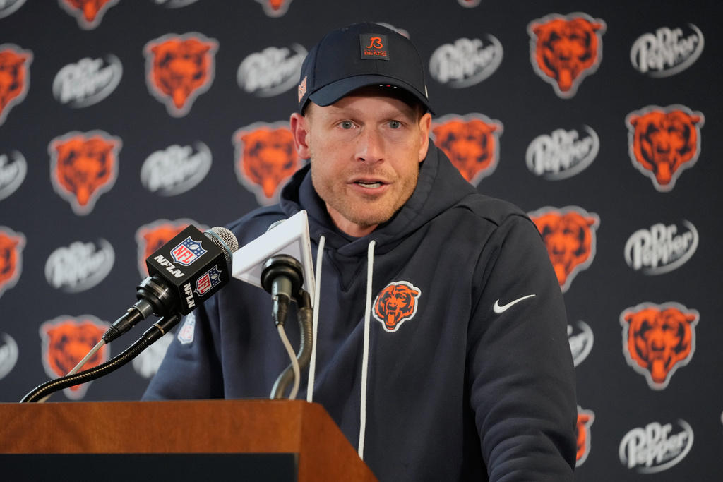 Chicago Bears head coach Ben Johnson speaks during a news conference after an NFL football game against the Cleveland Browns in Chicago, Sunday, Dec. 14, 2025. (AP Photo/Nam Y. Huh)