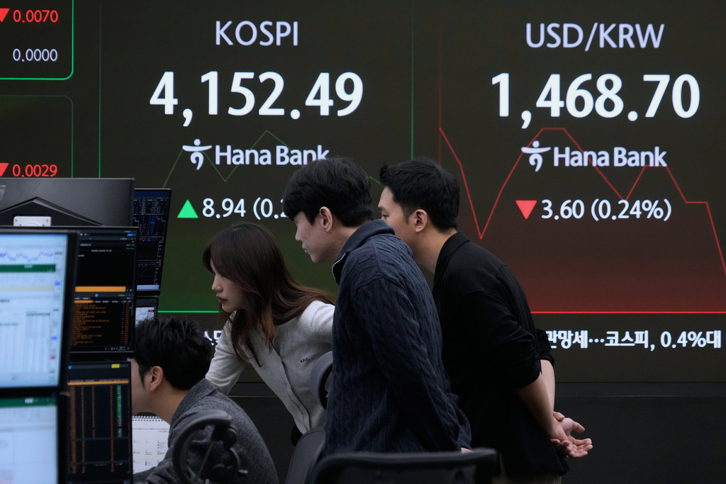 Currency traders watch monitors near a screen showing the Korea Composite Stock Price Index (KOSPI) and the foreign exchange rate between U.S. dollar and South Korean won, right, at the foreign exchange dealing room of the Hana Bank headquarters in Seoul, South Korea, Wednesday, Dec. 10, 2025. (AP Photo/Ahn Young-joon)