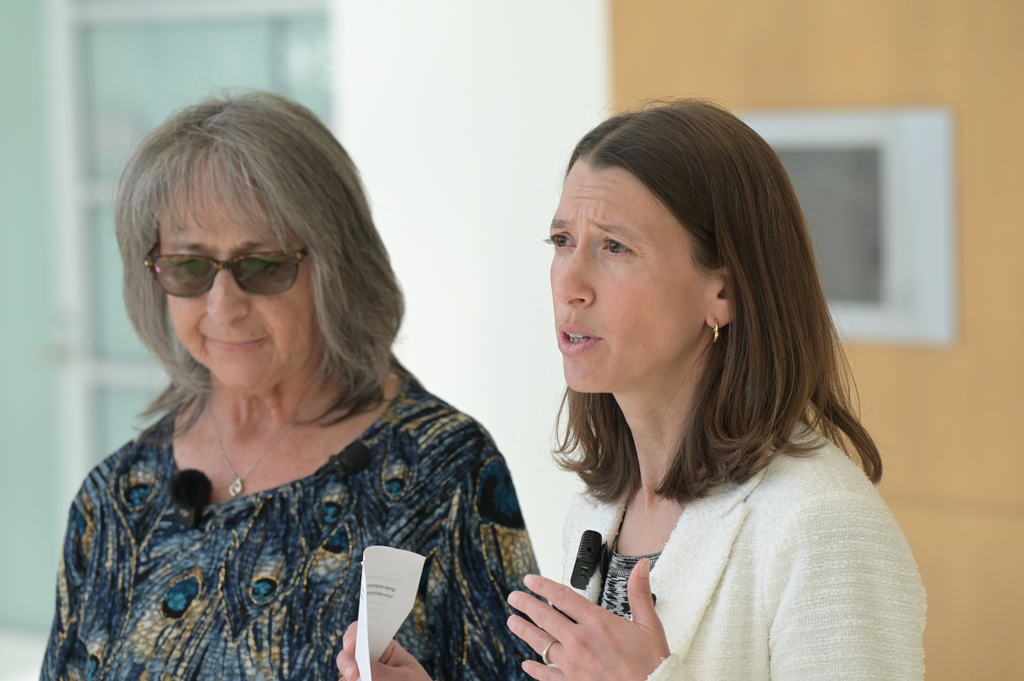 Theresa Garcia, left, aunt of Stephen Martinez and Martinez's attorney Jeanne Segil speak to members of the media at the Lindsey Flanigan Courthouse in Denver, Colo., on Tuesday, April Tuesday, 21, 2026. (Hyoung Chang/The Denver Post via AP)