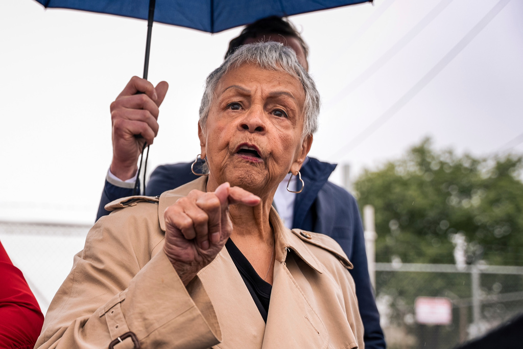 FILE - Rep. Bonnie Watson Coleman, D-N.J., speaks to the press after Newark Mayor Ras Baraka was arrested at Delancey Hall ICE detention prison, Friday, May 9, 2025, in Newark, N.J. (AP Photo/Angelina Katsanis, File)