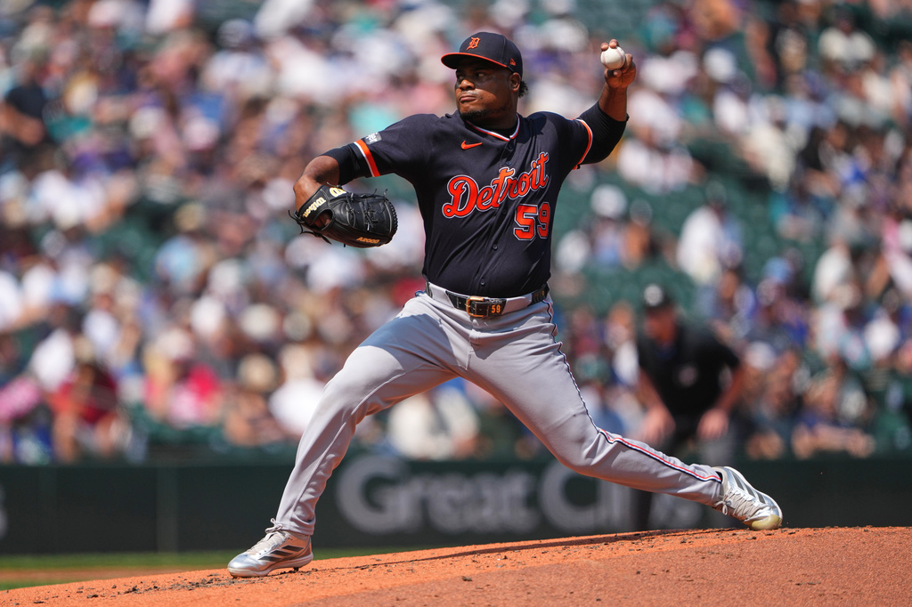 Detroit Tigers starting pitcher Framber Valdez throws against the Seattle Mariners during the second inning of a baseball game, Thursday, Aug. 6, 2026, in Seattle. (AP Photo/Lindsey Wasson)