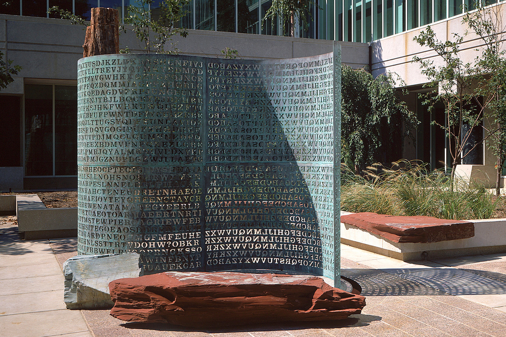 This updated photo provided by the Central Intelligence Agency shows the 1988 sculpture "Kryptos" by James Sanborn at the Central Intelligence Agency in McLean, Va. ("Kryptos" © Copyright 1988 James Sanborn, All rights reserved/Photo Courtesy of CIA via AP)