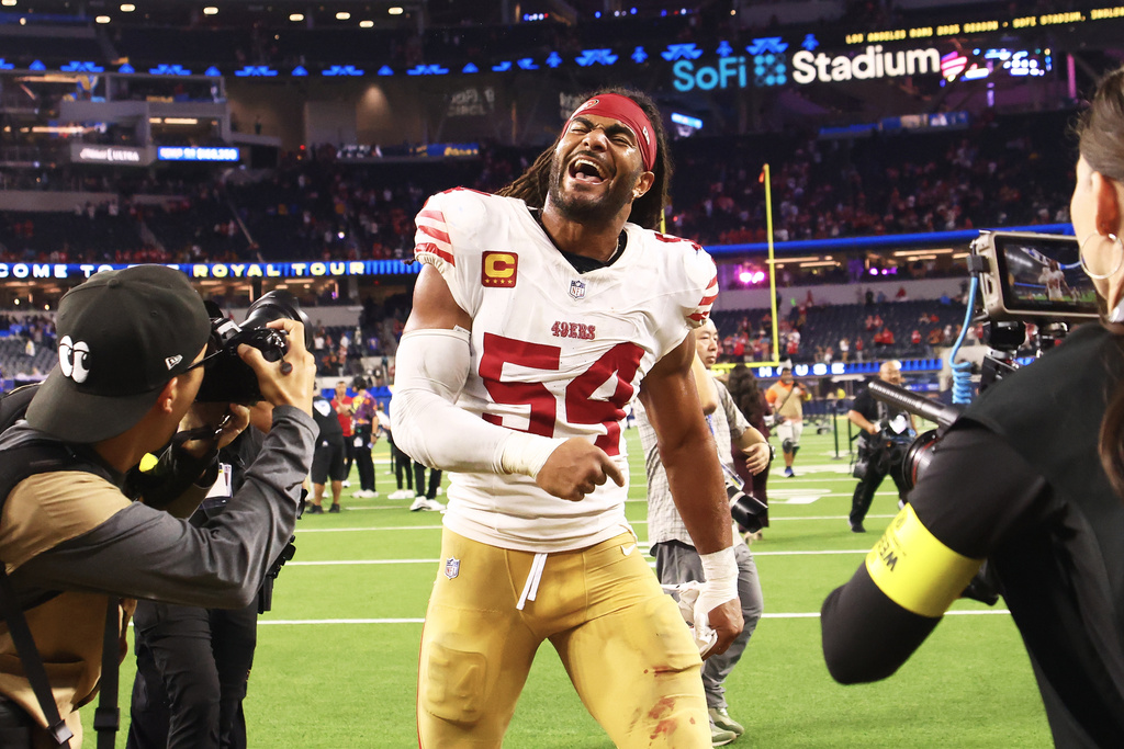 San Francisco 49ers middle linebacker Fred Warner (54) celebrates after the 49ers defeated the Los Angeles Rams in overtime of an NFL football game, Thursday, Oct. 2, 2025, in Inglewood, Calif. (AP Photo/Jessie Alcheh)