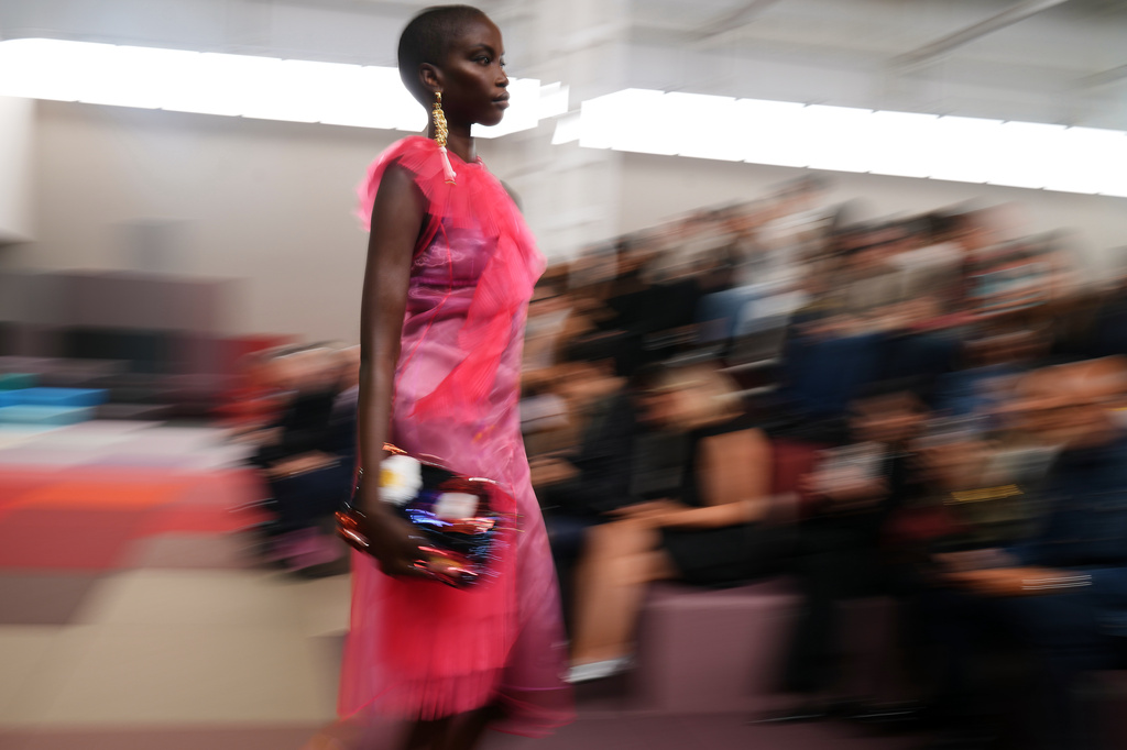 A model wears a creation as part of the Fendi Spring/Summer 2026 collection presented in Milan, Italy, Wednesday, Sept. 24, 2025. (AP Photo/Antonio Calanni)