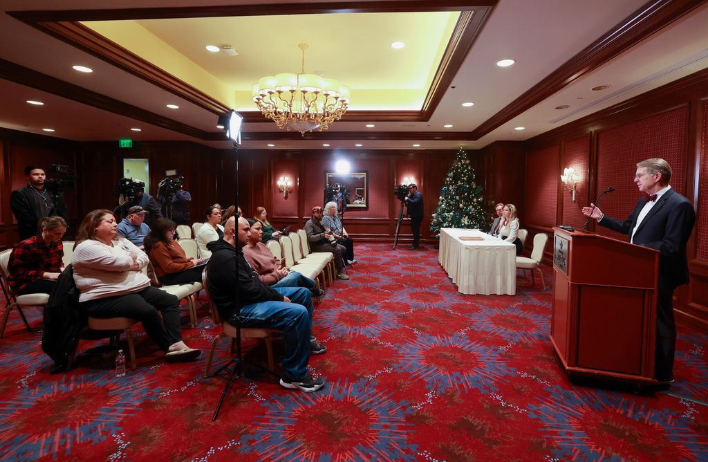 Jim McConkie, Parker & McConkie attorney and founder, speaks at a press conference after Salt Lake County District Attorney Sim Gill announced that manslaughter charges have been filed against Matt Alder for the fatal shooting of Arthur Folasa Ah Loo, who was an innocent bystander at a "No Kings" rally, in Salt Lake City, Wednesday, Dec. 3, 2025. (Kristin Murphy/The Deseret News via AP)