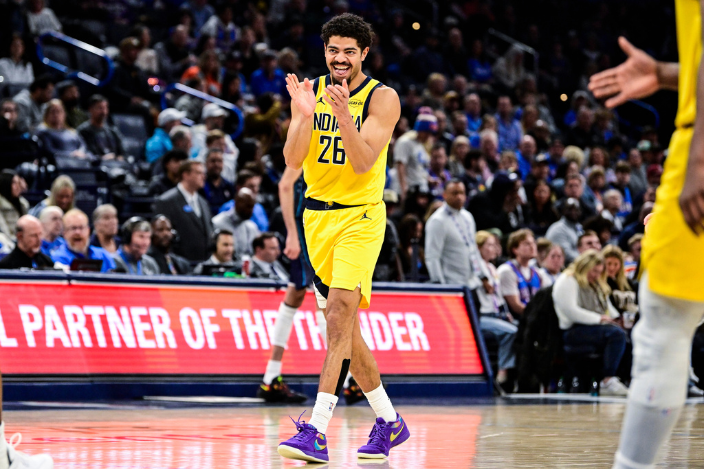 Indiana Pacers guard Ben Sheppard (26) celebrates during the second half of an NBA basketball game against the Oklahoma City Thunder, Friday, Jan. 23, 2026, in Oklahoma City. (AP Photo/Gerald Leong)