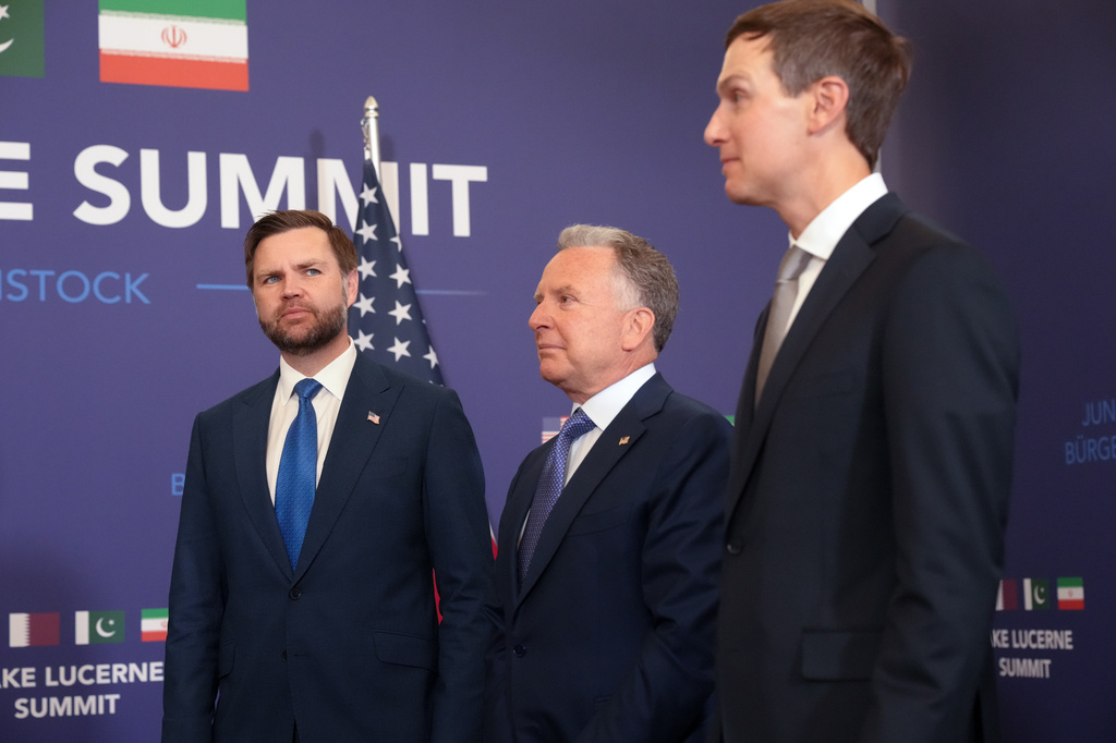 U.S. Vice President JD Vance, left, waits, alongside U.S. President Donald Trump's envoys Steve Witkoff, center, and Jared Kushner, right, to meet with Pakistan's Prime Minister Shehbaz Sharif for high-level talks aimed at advancing a deal to end the Middle East conflict, at the Bürgenstock Resort in Obbuergen, near Lucerne, in Switzerland, Sunday, June 21, 2026. (Nathan Howard/Pool Photo via AP)