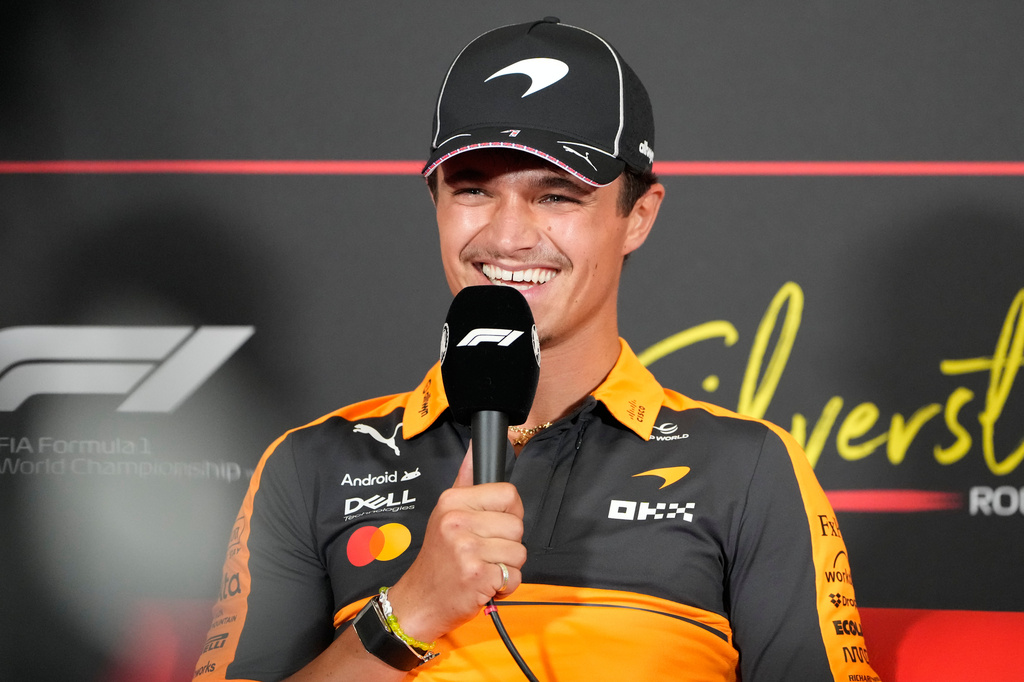 McLaren driver Lando Norris of Britain attends a news conference ahead of the British F1 Grand Prix, in Silverstone, England, Thursday, July 2, 2026. (AP Photo/Darko Bandic)