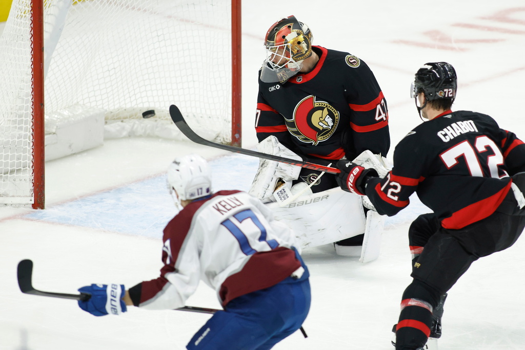 Colorado Avalanche's Parker Kelly (17) scores on Ottawa Senators' goaltender James Reimer while Thomas Chabot (72) looks on during the second period of an NHL hockey game in Ottawa, Ontario, on Wednesday, Jan. 28, 2026. (Patrick Doyle/The Canadian Press via AP)
