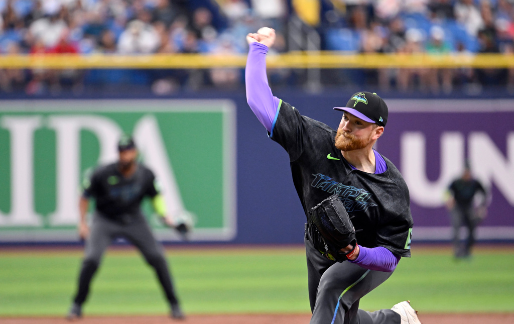 Tampa Bay Rays pitcher Drew Rasmussen throws during the second inning of a baseball game against the Chicago White Sox, Saturday, Aug. 1, 2026, in St. Petersburg, Fla. (AP Photo/Jason Behnken)