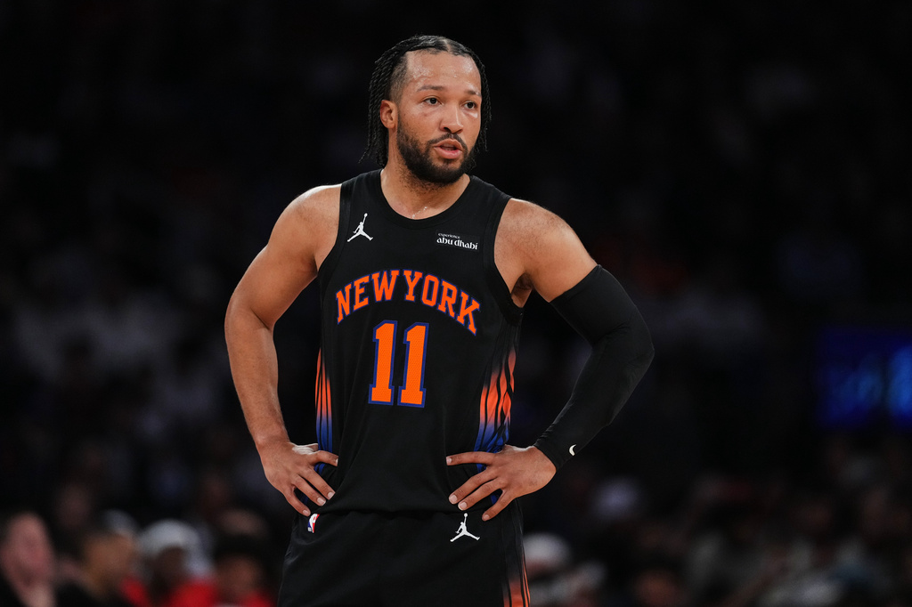 New York Knicks' Jalen Brunson (11) talks to a teammate during the first half in Game 5 of a first-round NBA playoffs basketball series against the Atlanta Hawks, Tuesday, April 28, 2026, in New York. (AP Photo/Frank Franklin II)