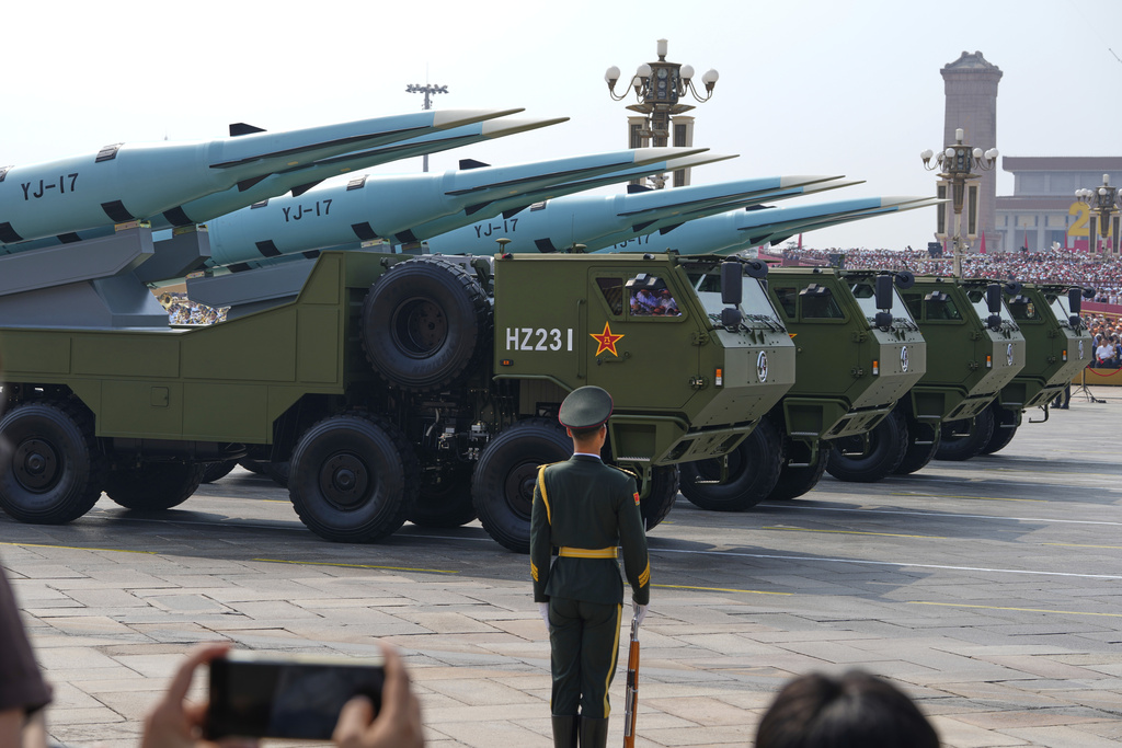 YJ-17, hypersonic anti-ship missiles, pass during a military parade to commemorate the 80th anniversary of Japan's World War II surrender held in front of Tiananmen Gate in Beijing, Wednesday, Sept. 3, 2025. (AP Photo/Ng Han Guan)