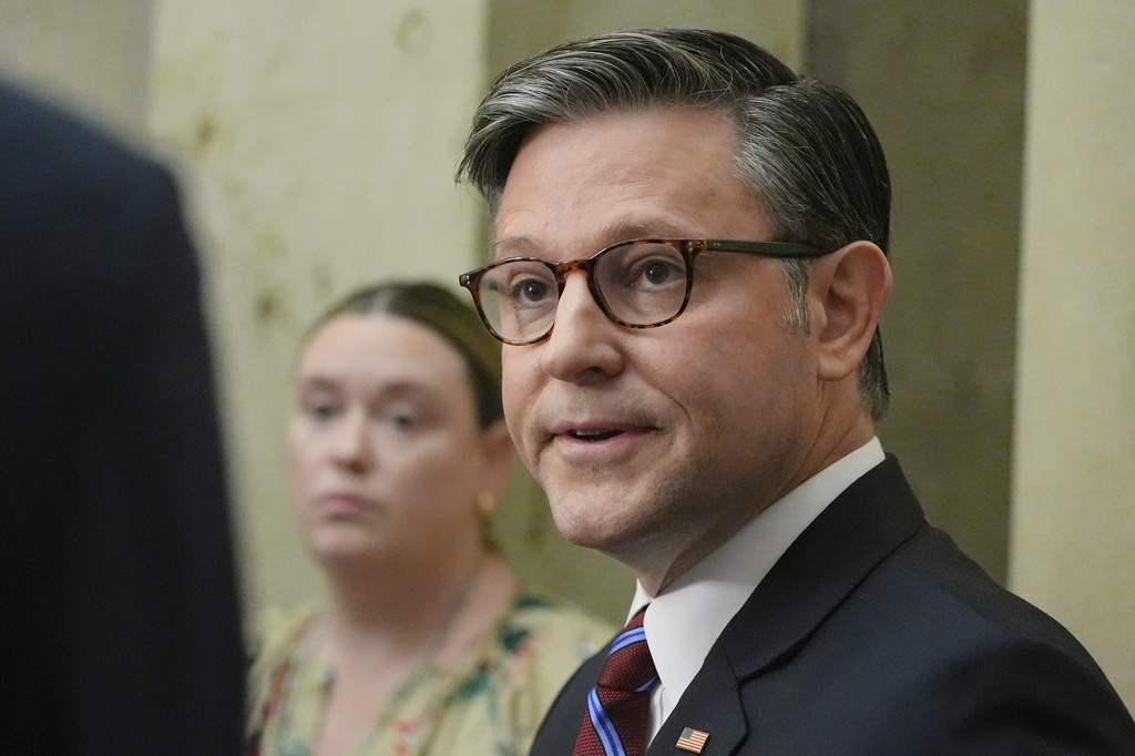 Speaker of the House Mike Johnson, R-La., speaks with reporters outside of his office on Capitol Hill, Wednesday, Sept. 16, 2026, in Washington. (AP Photo/Mariam Zuhaib)