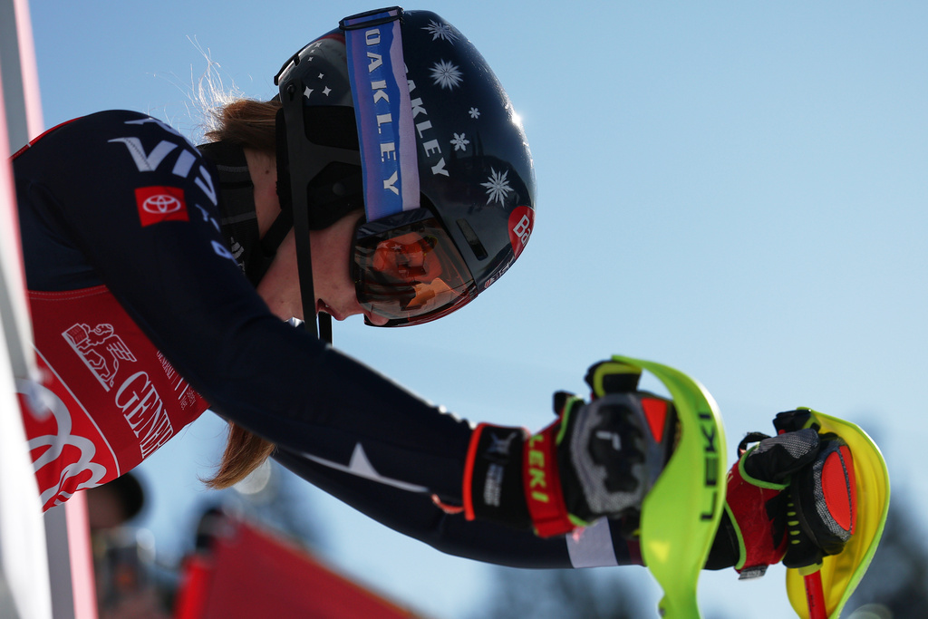 United States' Mikaela Shiffrin prepares to start, during an alpine ski, women's World Cup slalom, in Are, Sweden, Sunday, March 15, 2026. (AP Photo/Gabriele Facciotti)
