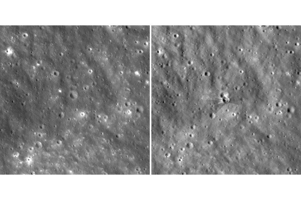 This combo made with photos provided by NASA on Tuesday, Aug. 18, 2026, taken by the Lunar Reconnaissance Orbiter, shows before, left, and after images of a fresh crater on the moon created by a collision with a SpaceX rocket. (NASA via AP)