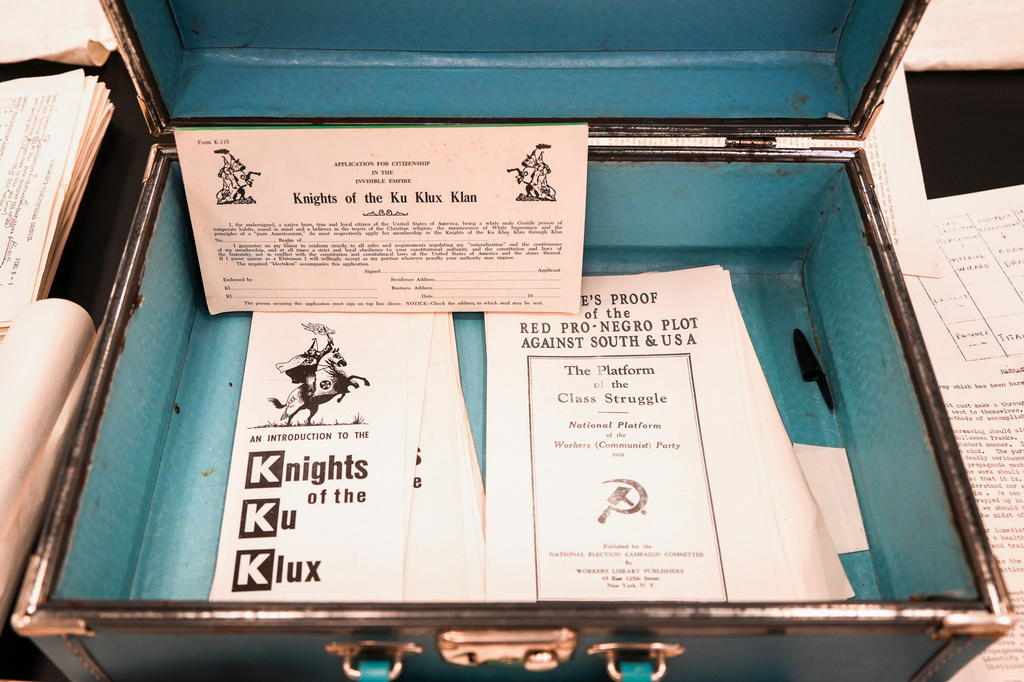 This photo provided by the Mississippi Department of Archives & History shows a briefcase containing Ku Klux Klan-related items Thursday, March 19, 2026, in Jackson, Miss., found inside a closet in the Mississippi Department of Public Safety as employees were preparing to move. (Mississippi Department of Archives & History via AP)