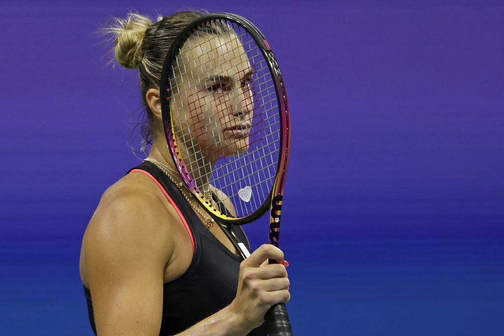 Aryna Sabalenka, of Belarus, reacts to winning the first set in a tie-break against Polina Kudermetova, of Russia, during the second round of the U.S. Open tennis championships, Wednesday, Aug. 27, 2025, in New York. (AP Photo/Adam Hunger)