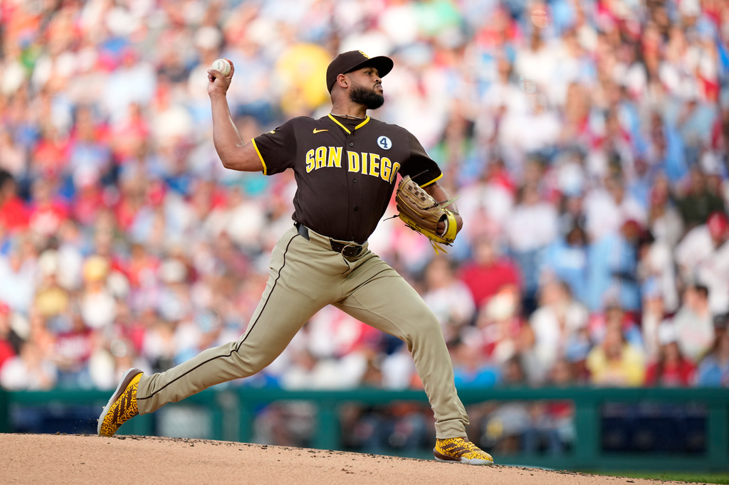 San Diego Padres' Randy Vásquez pitches during the second inning of a baseball game against the Philadelphia Phillies Tuesday, June 2, 2026, in Philadelphia. (AP Photo/Matt Slocum)