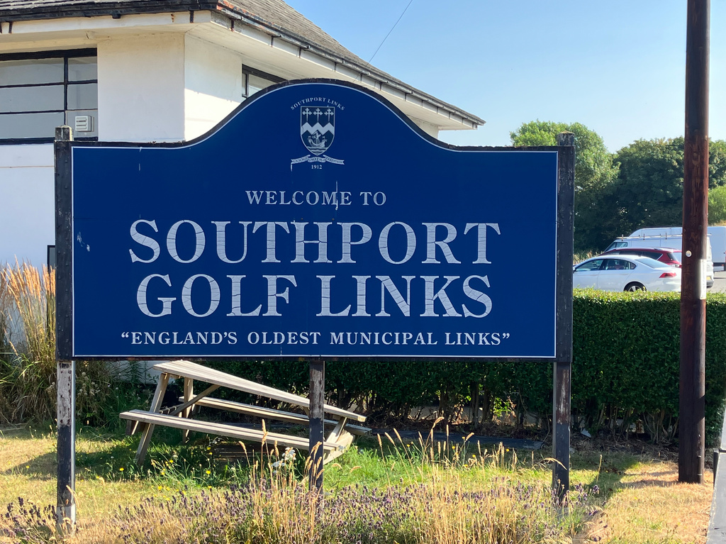 The welcome sign to Southport Golf Links course in Southport, England, Wednesday July 15, 2026. (AP Photo/Steve Douglas)