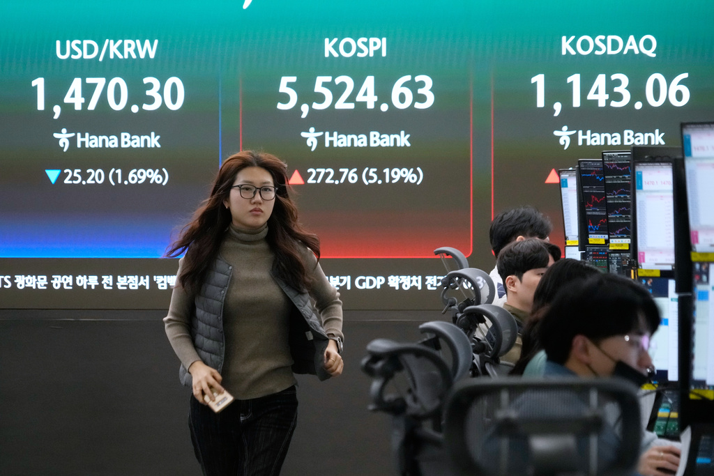A currency trader passes by a screen showing the Korea Composite Stock Price Index (KOSPI), rear center, and the foreign exchange rate between U.S. dollar and South Korean won, rear left, at the foreign exchange dealing room of the Hana Bank headquarters in Seoul, South Korea, Tuesday, March 10, 2026. (AP Photo/Ahn Young-joon)