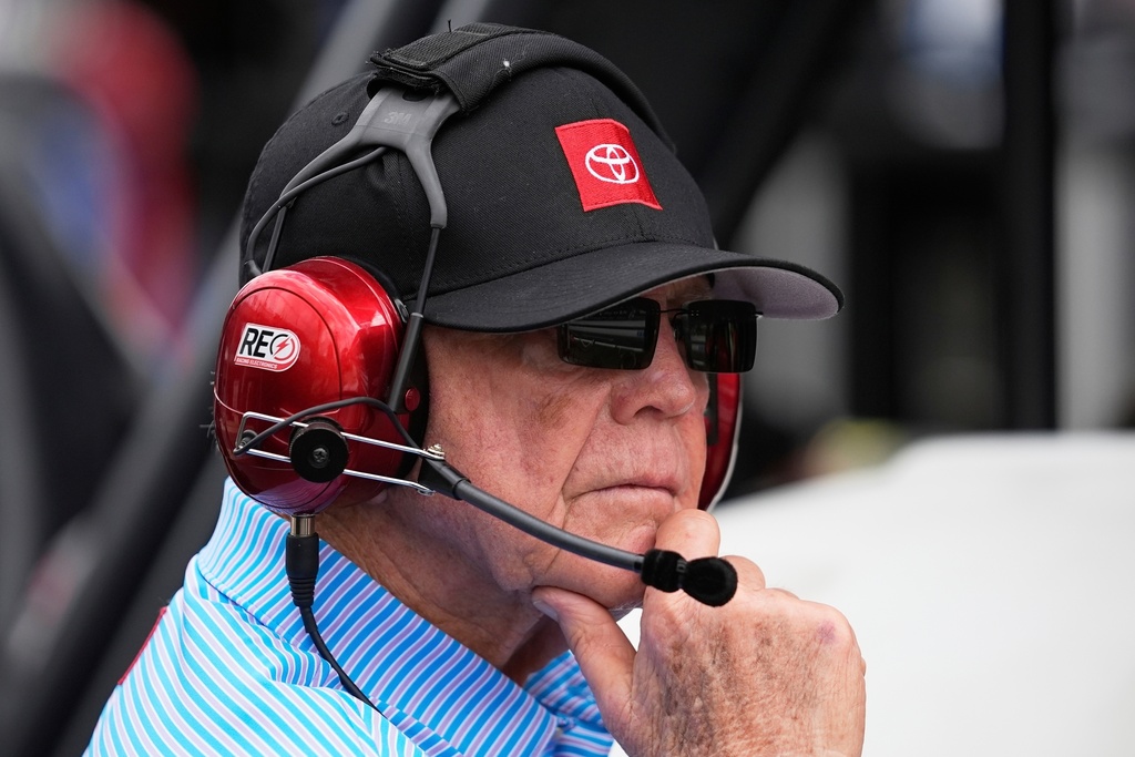 FILE - Joe Gibbs watches a NASCAR Cup Series auto race at Indianapolis Motor Speedway, July 27, 2025, in Indianapolis. (AP Photo/Darron Cummings, File)