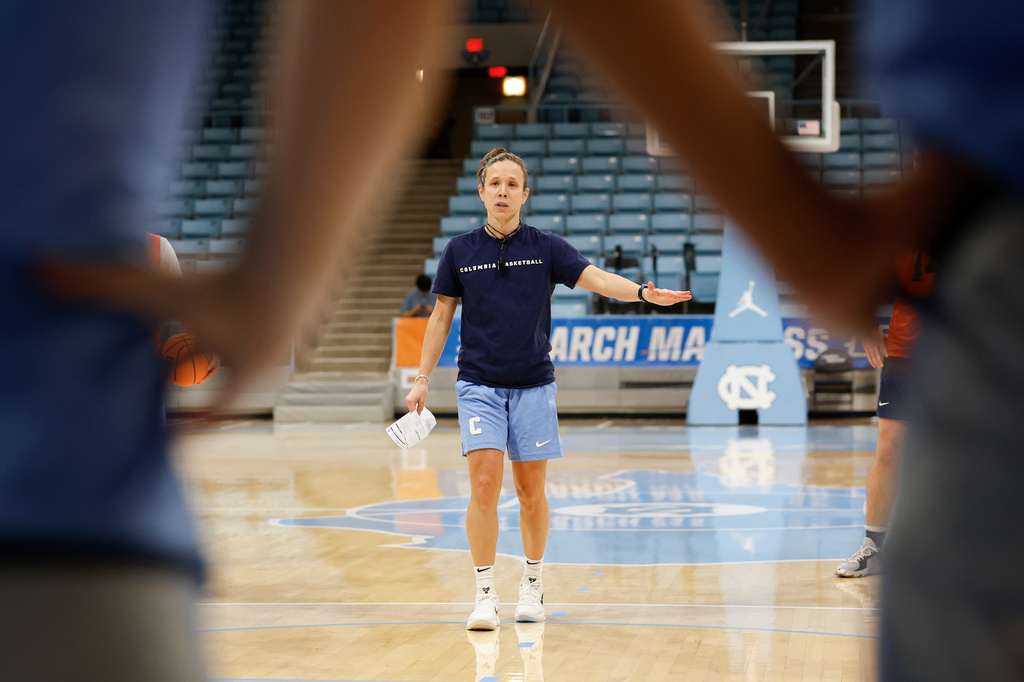 FILE - Columbia head coach Megan Griffith talks to her team during NCAA college basketball practice in Chapel Hill, N.C., March 19, 2025. (AP Photo/Nell Redmond, File)