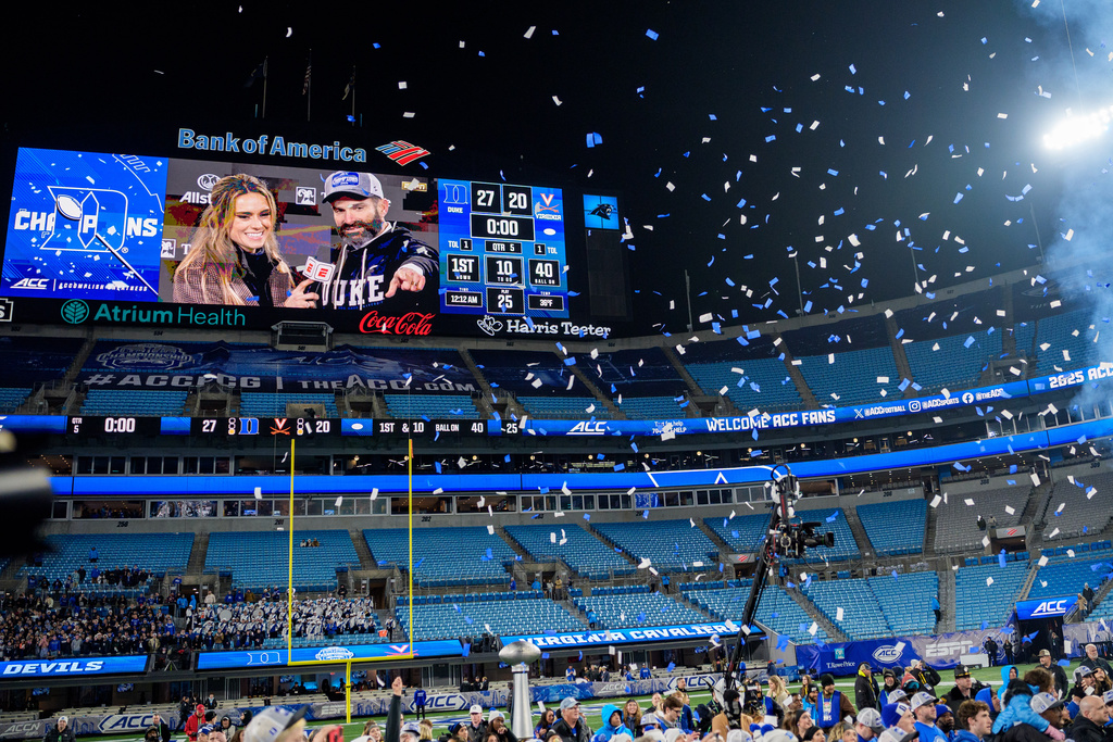 A general view of the confetti is seen after Duke defeated Virginia in the Atlantic Coast Conference championship NCAA college football game Saturday, Dec. 6, 2025, in Charlotte, N.C. (AP Photo/Jacob Kupferman)
