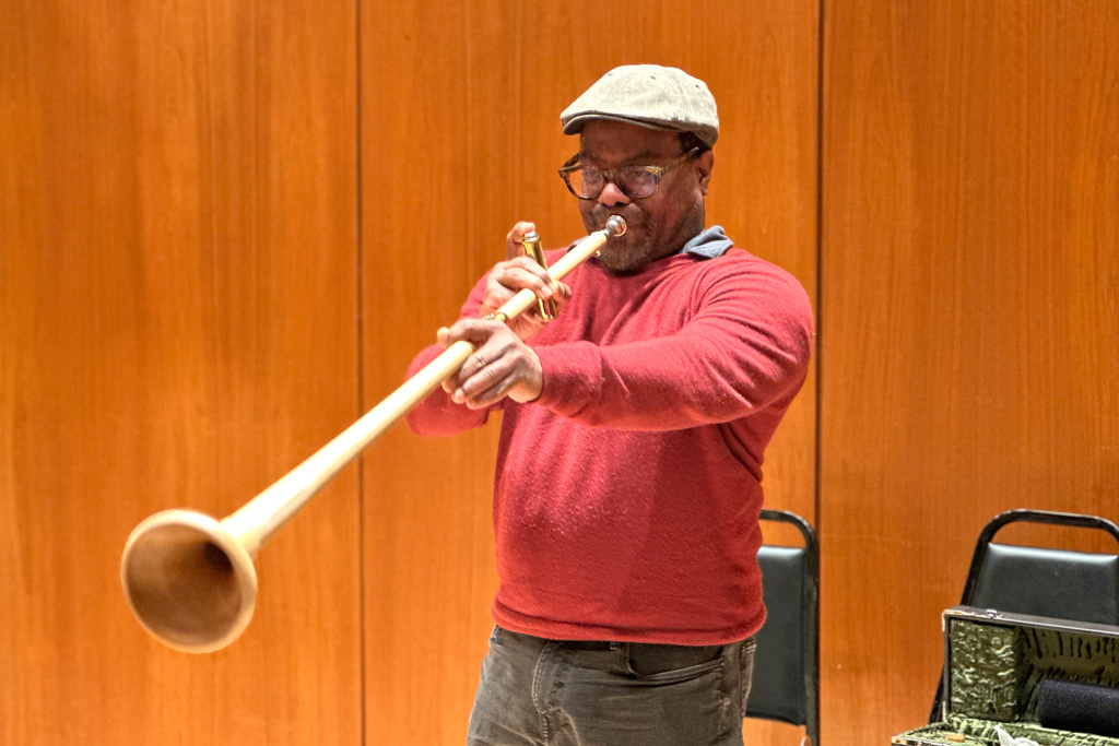 Metropolitan Opera Orchestra principal trumpet player Billy R. Hunter Jr. practices with a holztrompete, a wood horn specified by Richard Wagner for the third act of “Tristan und Isolde," at the Metropolitan Opera in New York on Feb. 28, 2026. (AP Photo/Ron Blum)