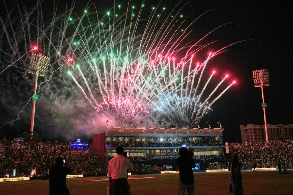 Fireworks explode at the Gaddafi Stadium on the end of the Pakistan Super League final cricket match between Peshawar Zalmi and Hyderabad Kingsmen, in Lahore, Pakistan, Sunday, May 3, 2026. (AP Photo/K.M. Chaudary)