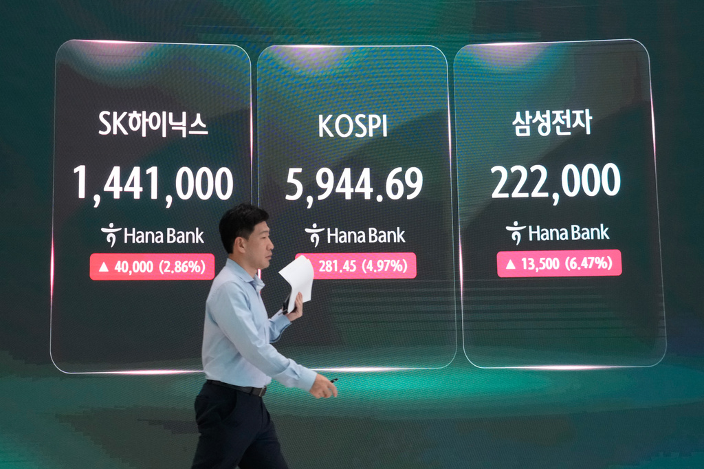 A screen shows the Korea Composite Stock Price Index (KOSPI), SK Hynix and Samsung Electronics Co. stock price at the foreign exchange dealing room of the Hana Bank headquarters in Seoul, South Korea, Thursday, July 30, 2026. (AP Photo/Ahn Young-joon)