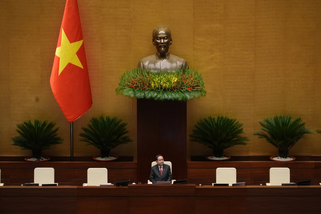 Vietnam's Chairman of the National Assembly Tran Thanh Man sits on the panel during the opening session of the National Assembly in Hanoi, Vietnam Monday, April 6, 2026. (AP Photo/Hau Dinh)