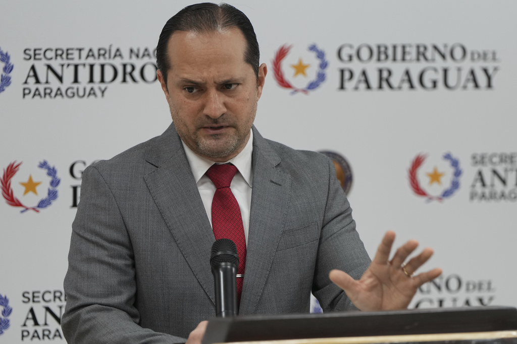 Paraguay's Anti-Drugs Secretary Jalil Rachid gives a news conference about the arrest of Mexico's alleged leader of “La Barredora” cartel, Hernan Bermudez Requena, in Asuncion, Paraguay, Monday, Sept. 15, 2025. Bermudez was arrested in Paraguay on Sept. 12. (AP Photo/Jorge Saenz)