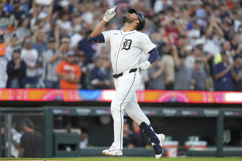 Detroit Tigers designated hitter Riley Greene gestures while running the bases after hitting a two-run home run during the fifth inning of a baseball game against the Houston Astros, Monday, Aug. 18, 2025, in Detroit. (AP Photo/Ryan Sun)