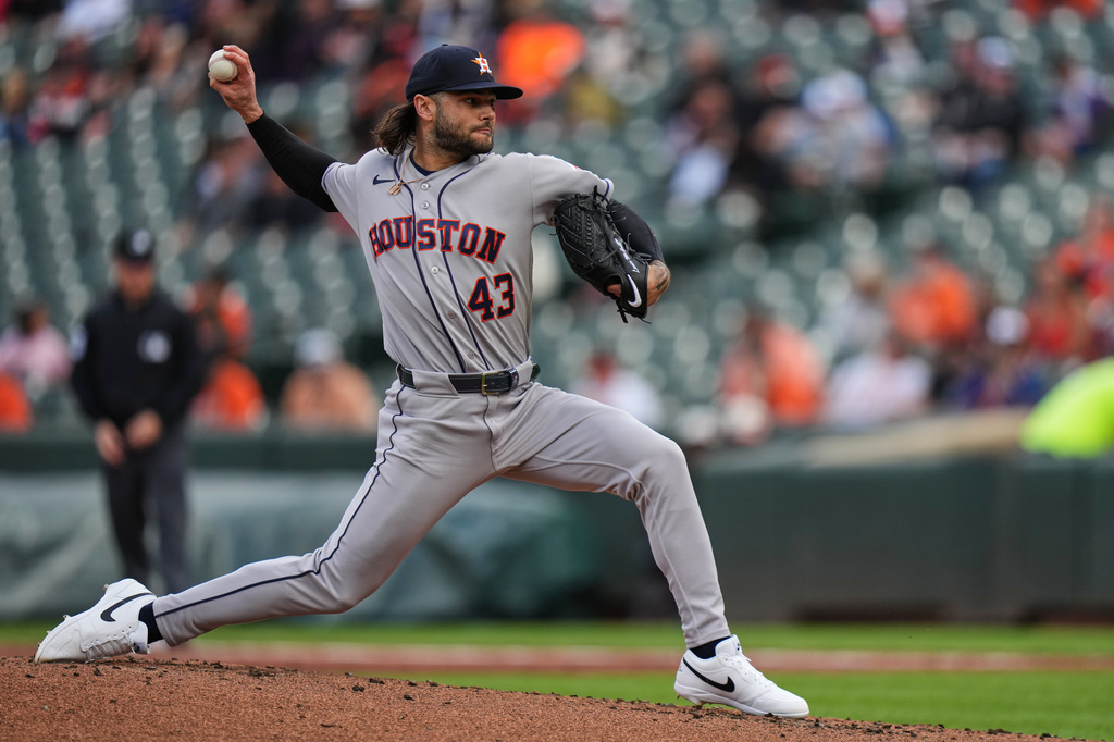Houston Astros starting pitcher Lance McCullers Jr. (43) delivers during the first inning in the second baseball game of a doubleheader against the Baltimore Orioles, Thursday, April 30, 2026, in Baltimore. (AP Photo/Stephanie Scarbrough)