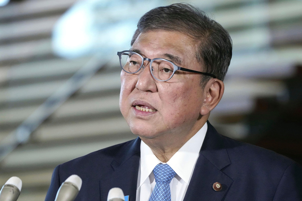 Japanese Prime Minister Shigeru Ishiba speaks to the media at the prime minister's office in Tokyo, Japan, on Sept. 5, 2025. (Kyodo News via AP)