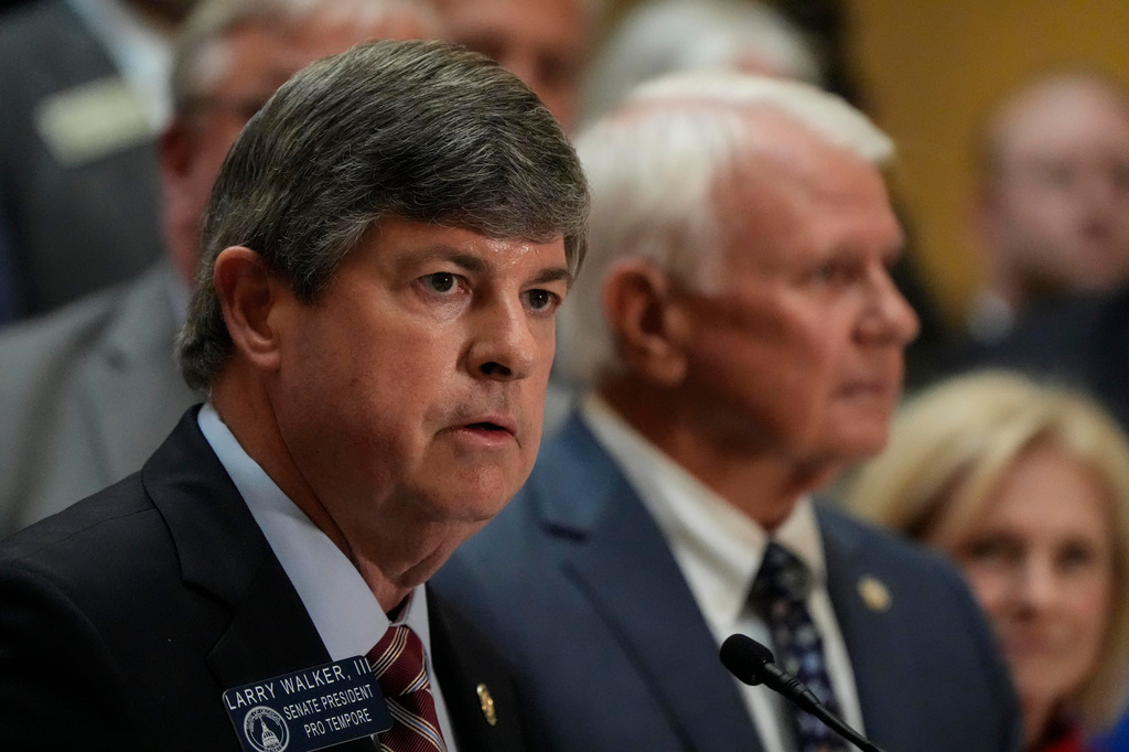 Senate President Pro Tempore Larry Walker III speaks during a special legislative session at the state capitol, Wednesday, June 17, 2026, in Atlanta. (AP Photo/Mike Stewart)
