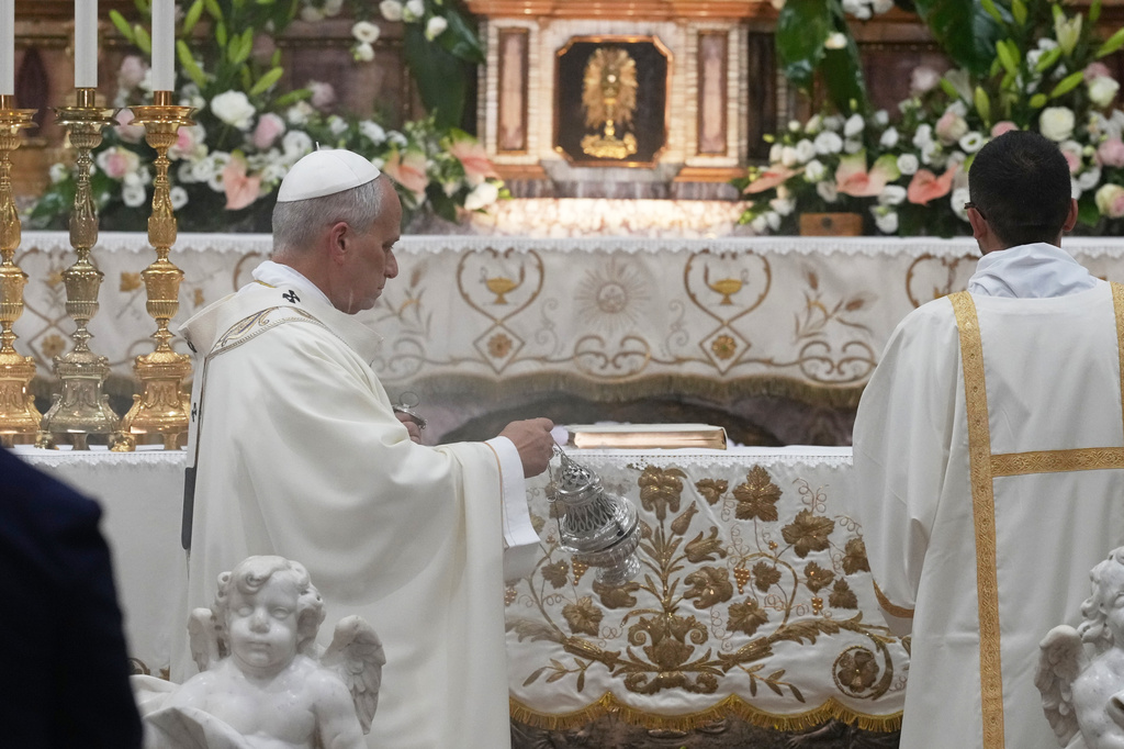 Pope Leo XIV celebrates a mass at the Basilica Sanctuary of the Mother of Good Counsel in Genazzano, central Italy, Monday, Sept. 7, 2026. (AP Photo/Andrew Medichini)