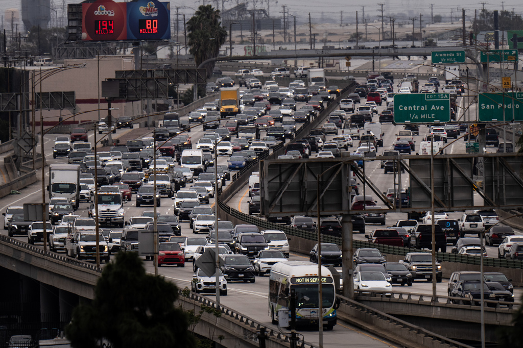 FILE - Traffic moves along the Interstate 10 freeway in Los Angeles, March 31, 2026. (AP Photo/Jae C. Hong, File)
