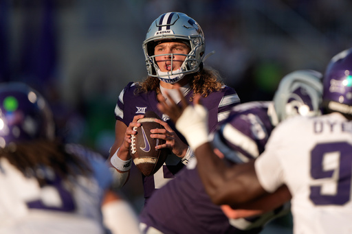 Kansas State quarterback Avery Johnson looks to pass during the second half of an NCAA college football game against TCU, Saturday, Oct. 11, 2025, in Manhattan, Kan. (AP Photo/Charlie Riedel) Kansas State quarterback Avery Johnson looks to pass during the second half of an NCAA college football game against TCU, Saturday, Oct. 11, 2025, in Manhattan, Kan. (AP Photo/Charlie Riedel)