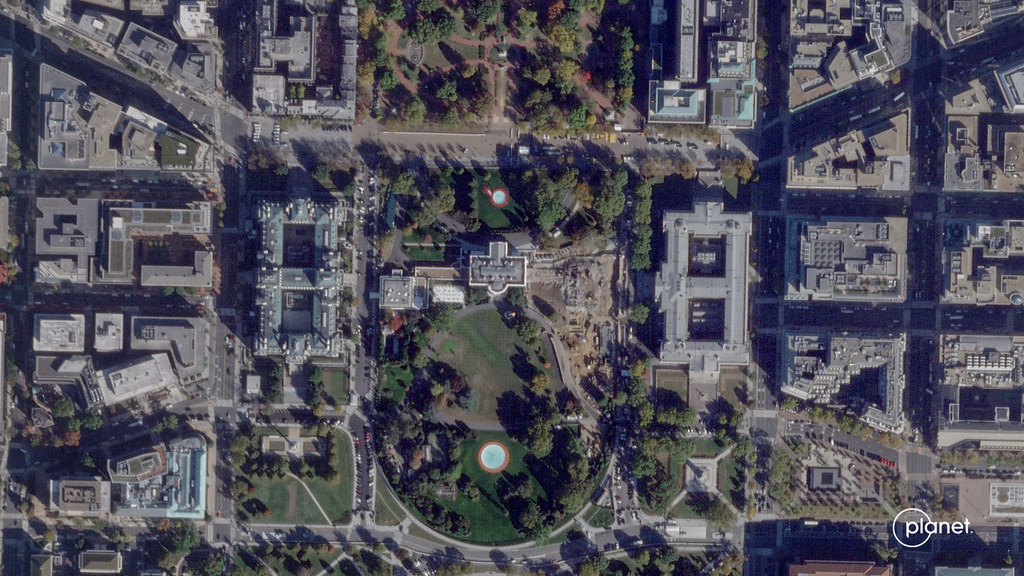This satellite image from Planet Labs PBC shows demolition of the East Wing of the White House in Washington, Thursday, Oct. 23, 2025. (Planet Labs PBC via AP)