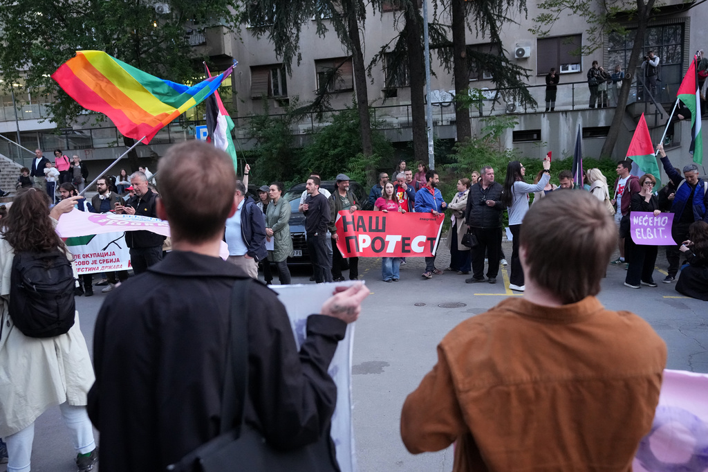 People attend a rally against Israel's participation in the Eurovision Song Contest in front of the state-run TV headquarters in Belgrade, Serbia, Tuesday, April 28, 2026. (AP Photo/Darko Vojinovic)